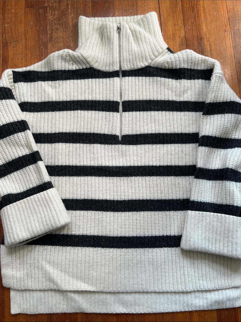 Alex Mill Cream & Dark Charcoal Gray Striped Half-Zip Sweater